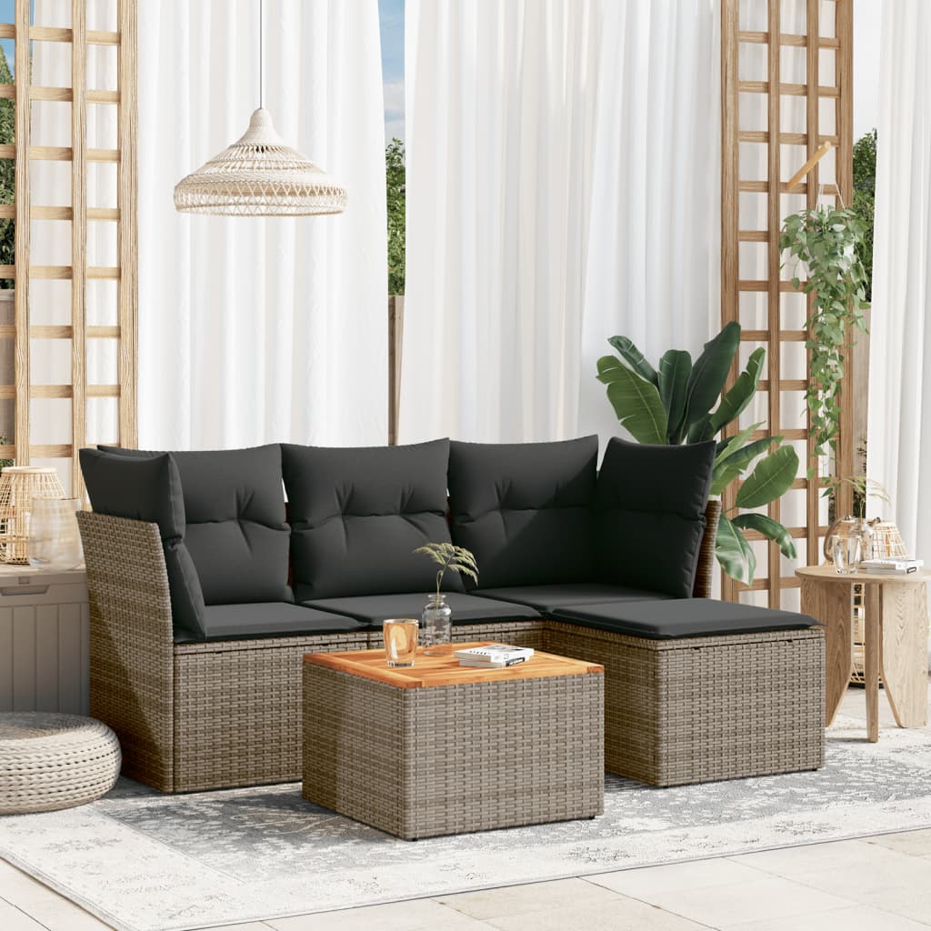 HKH 5 Pcs Conjunto Sofás de Jardim C/ Almofadões Vime Pe - Cinzento