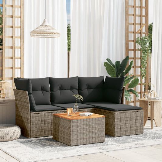 HKH 5 Pcs Conjunto Sofás de Jardim C/ Almofadões Vime Pe - Cinzento