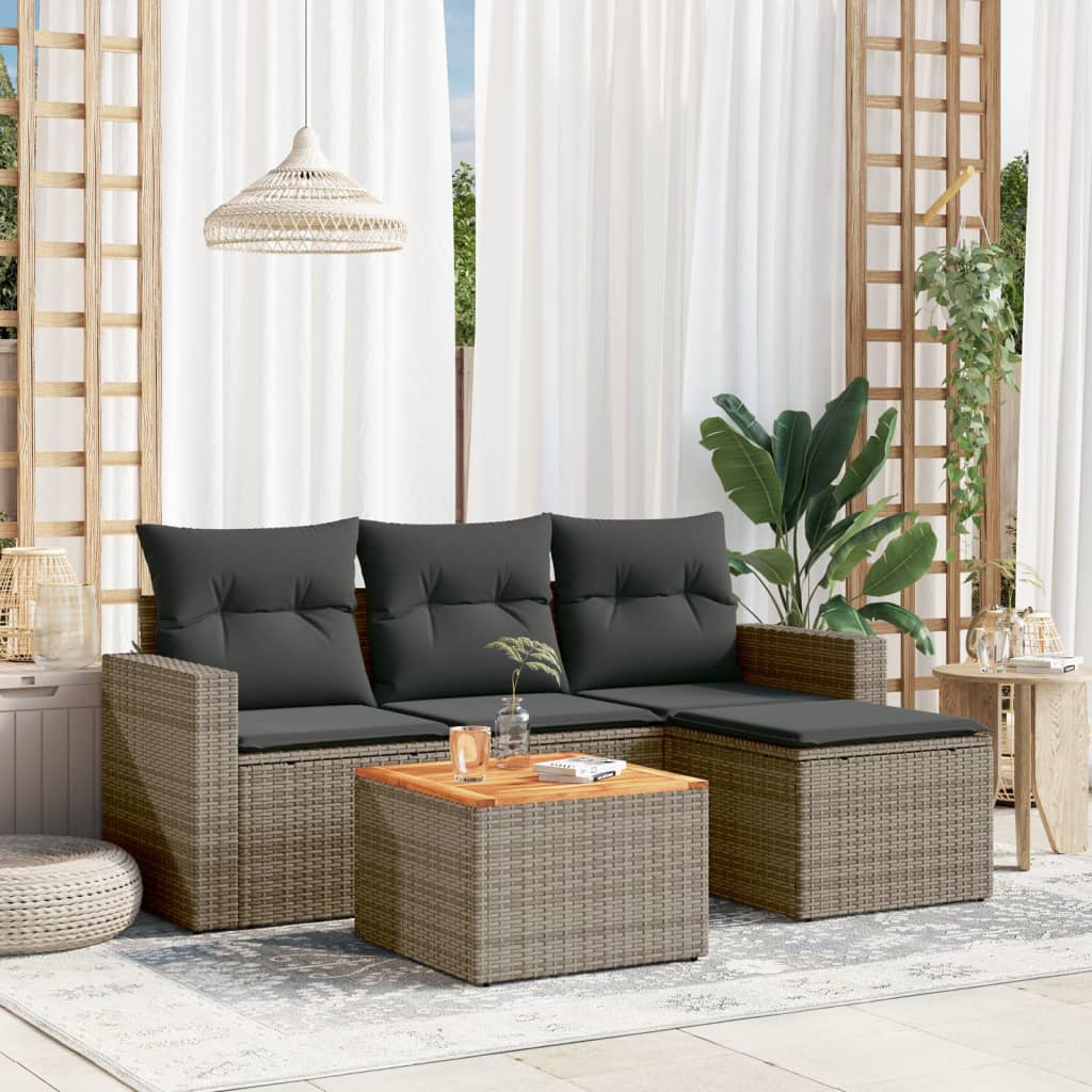 HKH 5 Pcs Conjunto Sofás de Jardim C/ Almofadões Vime Pe - Cinzento