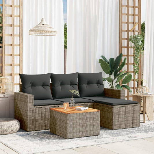 HKH 5 Pcs Conjunto Sofás de Jardim C/ Almofadões Vime Pe - Cinzento
