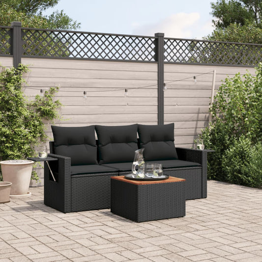 HKH 4 Pcs Conjunto de Sofás para Jardim C/ Almofadões Vime Pe - Preto