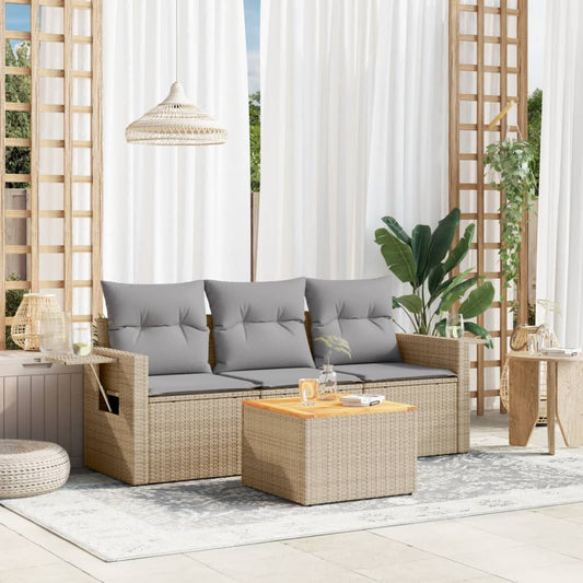 HKH 4 Pcs Conj. Sofás Jardim C/ Almofadões Vime Pe Misturado - Bege