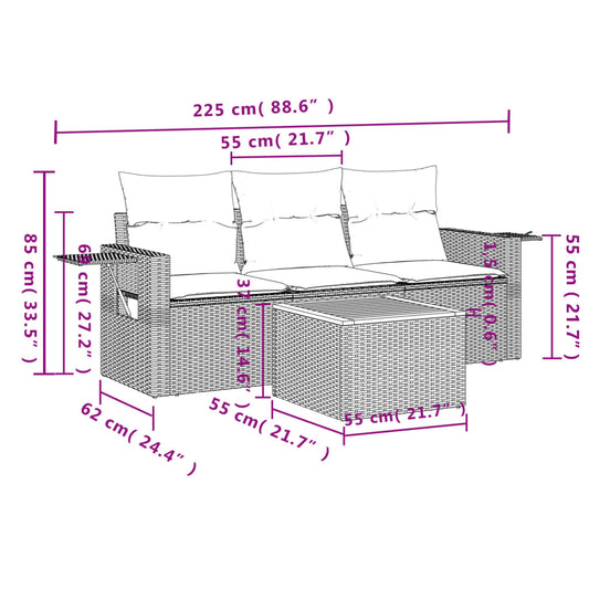 HKH 4 Pcs Conjunto Sofás de Jardim C/ Almofadões Vime Pe - Cinzento