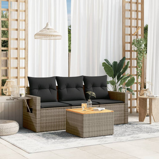 HKH 4 Pcs Conjunto Sofás de Jardim C/ Almofadões Vime Pe - Cinzento