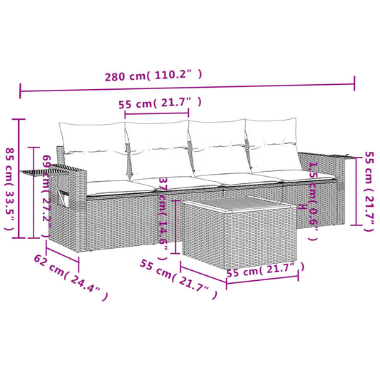 HKH 5 Pcs Conjunto Sofás de Jardim C/ Almofadões Vime Pe - Cinzento