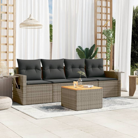 HKH 5 Pcs Conjunto Sofás de Jardim C/ Almofadões Vime Pe - Cinzento