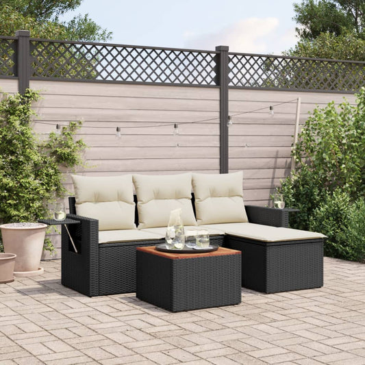 HKH 5 Pcs Conjunto Sofás de Jardim com Almofadões Vime Pe - Preto