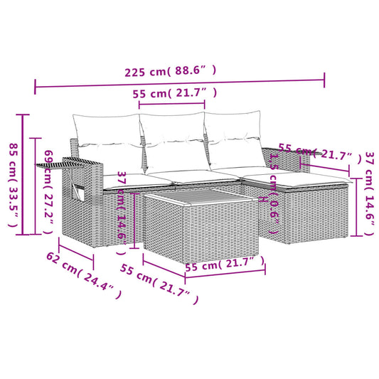 HKH 5 Pcs Conjunto Sofás de Jardim C/ Almofadões Vime Pe - Cinzento