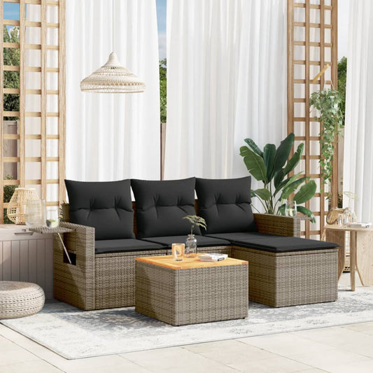 HKH 5 Pcs Conjunto Sofás de Jardim C/ Almofadões Vime Pe - Cinzento