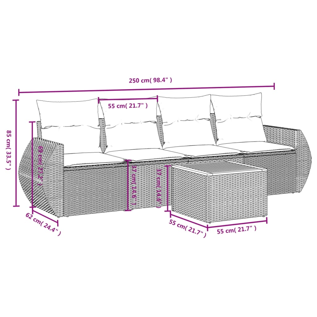 HKH 5 Pcs Conjunto Sofás de Jardim C/ Almofadões Vime Pe - Cinzento