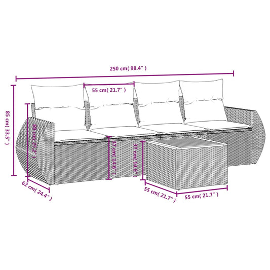 HKH 5 Pcs Conjunto Sofás de Jardim C/ Almofadões Vime Pe - Cinzento