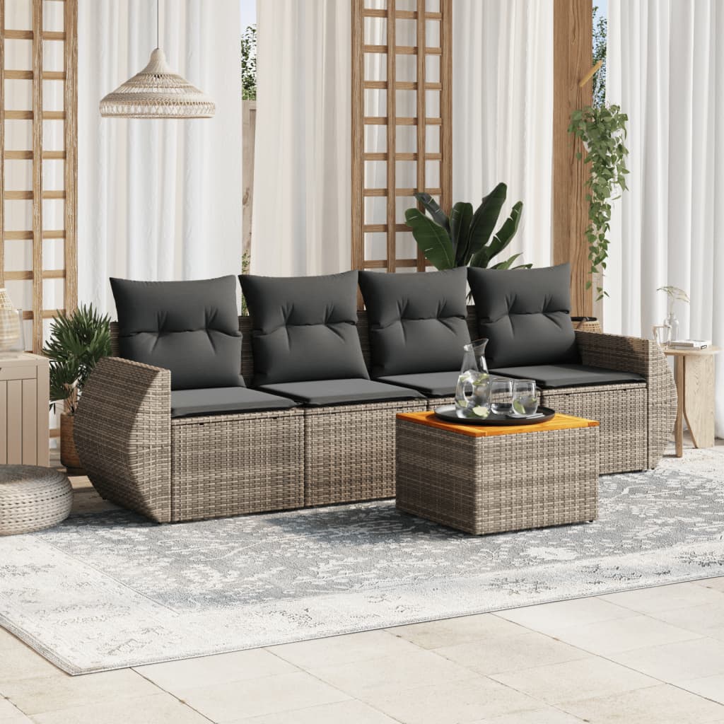 HKH 5 Pcs Conjunto Sofás de Jardim C/ Almofadões Vime Pe - Cinzento