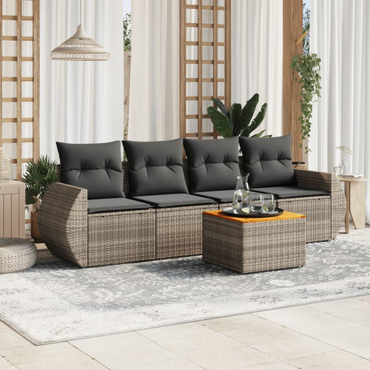 HKH 5 Pcs Conjunto Sofás de Jardim C/ Almofadões Vime Pe - Cinzento