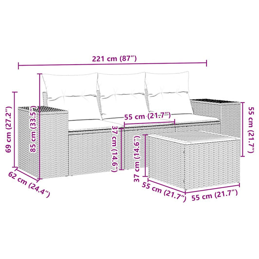HKH 4 Pcs Conjunto de Sofás para Jardim C/ Almofadões Vime Pe - Preto