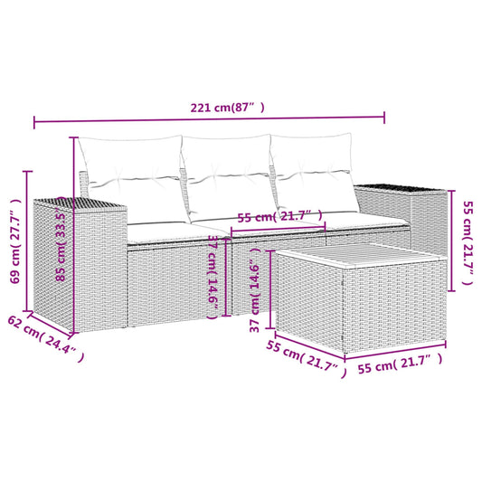 HKH 4 Pcs Conjunto de Sofás para Jardim C/ Almofadões Vime Pe - Bege