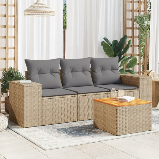 HKH 4 Pcs Conjunto de Sofás para Jardim C/ Almofadões Vime Pe - Bege