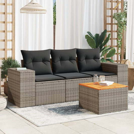 HKH 4 Pcs Conjunto Sofás de Jardim C/ Almofadões Vime Pe Cinzento - Cinzeto