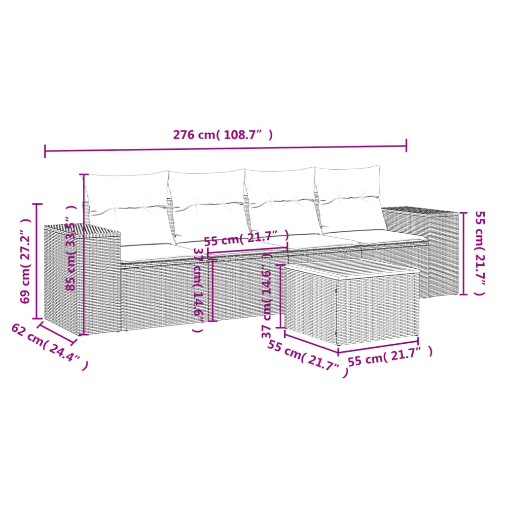 HKH 5 Pcs Conjunto Sofás de Jardim com Almofadões Vime Pe - Preto
