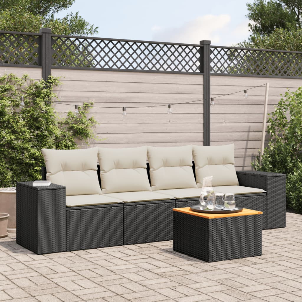 HKH 5 Pcs Conjunto Sofás de Jardim com Almofadões Vime Pe - Preto