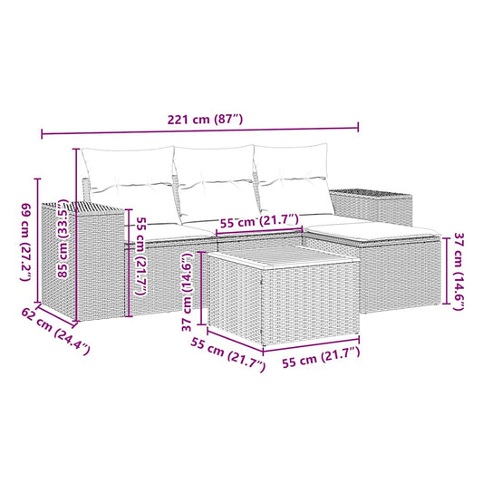 HKH 5 Pcs Conjunto Sofás de Jardim com Almofadões Vime Pe - Preto