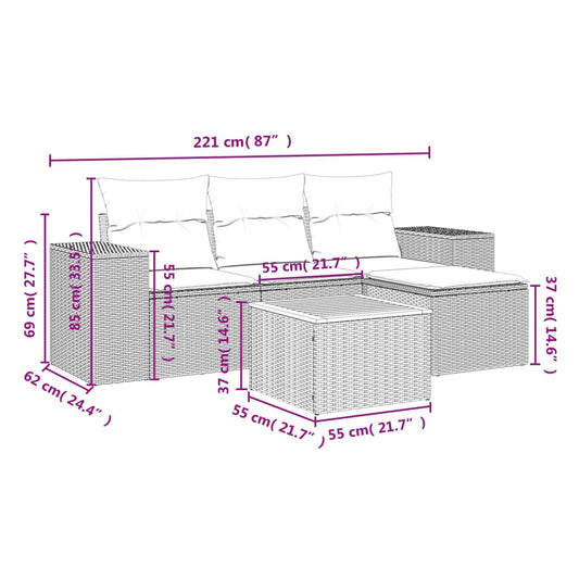 HKH 5 Pcs Conjunto Sofás de Jardim C/ Almofadões Vime Pe - Cinzento