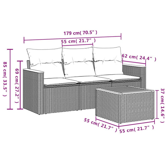 HKH 4 Pcs Conjunto de Sofás para Jardim C/ Almofadões Vime Pe - Preto