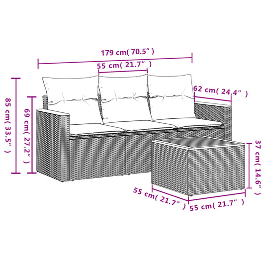HKH 4 Pcs Conjunto Sofás de Jardim C/ Almofadões Vime Pe - Cinzento