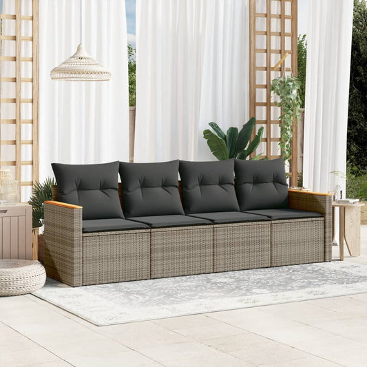 HKH 4 Pcs Conjunto Sofás de Jardim C/ Almofadões Vime Pe - Cinzento