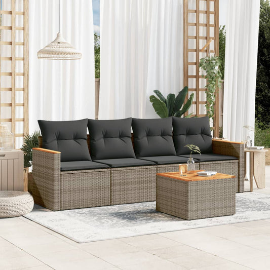 HKH 5 Pcs Conjunto Sofás de Jardim C/ Almofadões Vime Pe - Cinzento