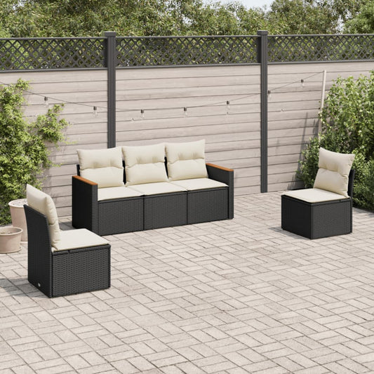 HKH 5 Pcs Conjunto Sofás de Jardim com Almofadões Vime Pe - Preto