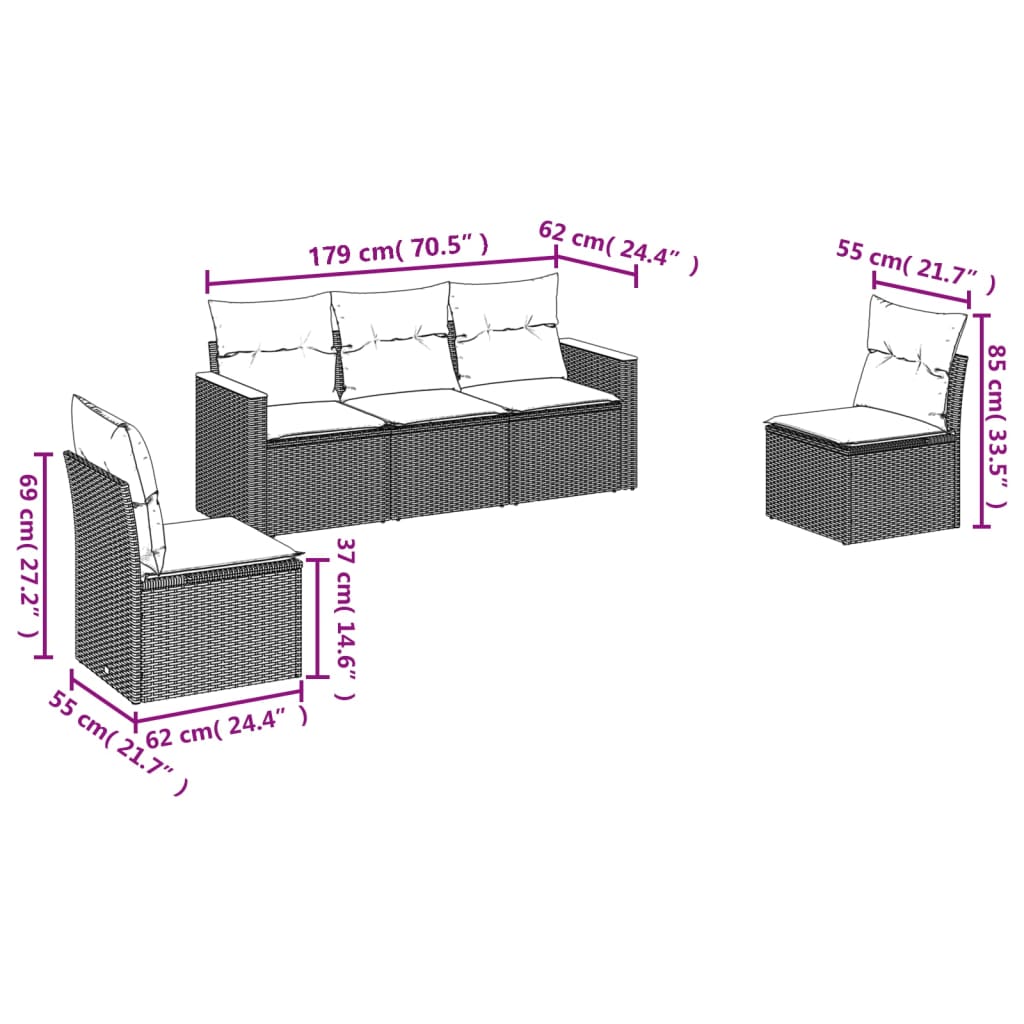 HKH 5 Pcs Conjunto Sofás de Jardim C/ Almofadões Vime Pe - Cinzento