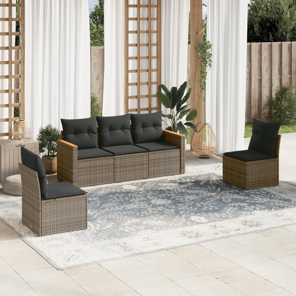 HKH 5 Pcs Conjunto Sofás de Jardim C/ Almofadões Vime Pe - Cinzento