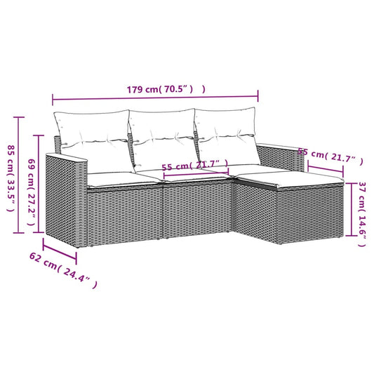 HKH 4 Pcs Conjunto de Sofás para Jardim C/ Almofadões Vime Pe - Bege