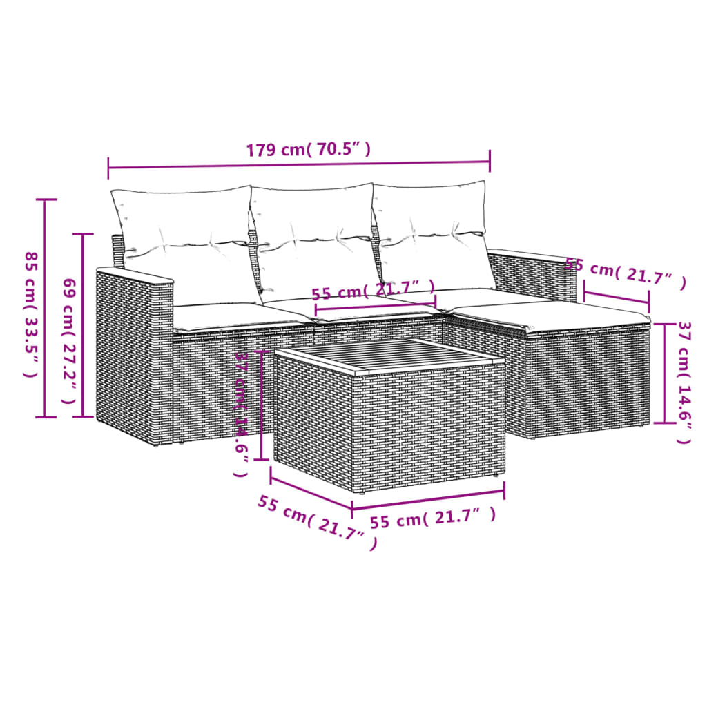 HKH 5 Pcs Conjunto Sofás de Jardim C/ Almofadões Vime Pe - Cinzento