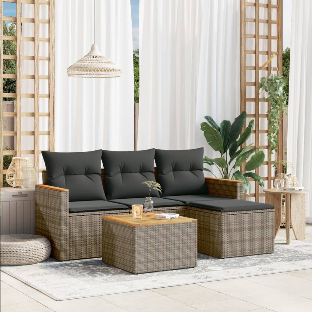 HKH 5 Pcs Conjunto Sofás de Jardim C/ Almofadões Vime Pe - Cinzento