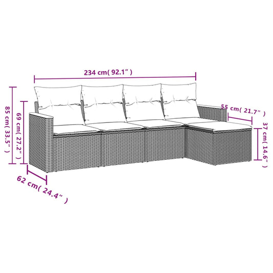 HKH 5 Pcs Conjunto Sofás de Jardim C/ Almofadões Vime Pe - Cinzento