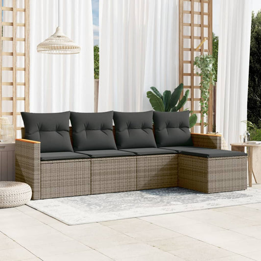 HKH 5 Pcs Conjunto Sofás de Jardim C/ Almofadões Vime Pe - Cinzento