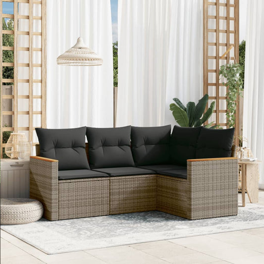 HKH 4 Pcs Conjunto Sofás de Jardim C/ Almofadões Vime Pe - Cinzento