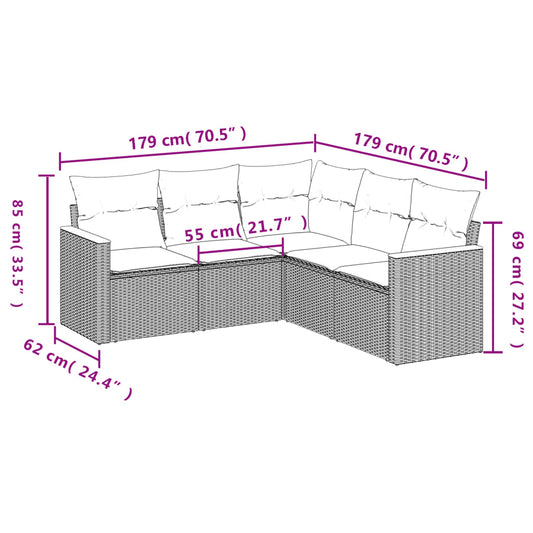 HKH 5 Pcs Conjunto Sofás de Jardim com Almofadões Vime Pe - Preto