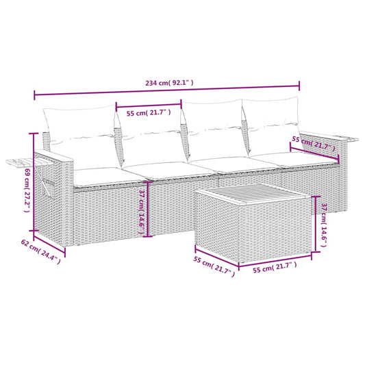 HKH 5 Pcs Conjunto Sofás de Jardim com Almofadões Vime Pe - Preto