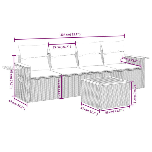 HKH 5 Pcs Conjunto Sofás de Jardim C/ Almofadões Vime Pe - Cinzento
