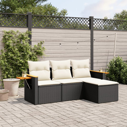 HKH 4 Pcs Conjunto de Sofás para Jardim C/ Almofadões Vime Pe - Preto