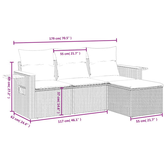 HKH 4 Pcs Conjunto Sofás de Jardim C/ Almofadões Vime Pe - Cinzento
