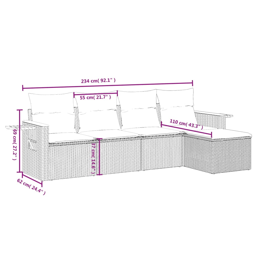 HKH 5 Pcs Conjunto Sofás de Jardim com Almofadões Vime Pe - Preto