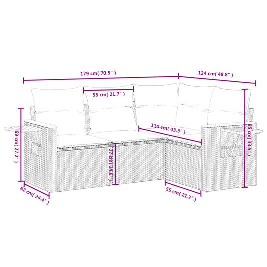HKH 4 Pcs Conjunto de Sofás para Jardim C/ Almofadões Vime Pe - Preto