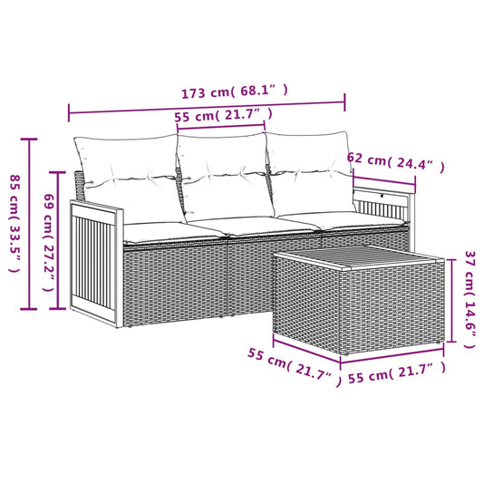 HKH 4 Pcs Conjunto de Sofás para Jardim C/ Almofadões Vime Pe - Bege