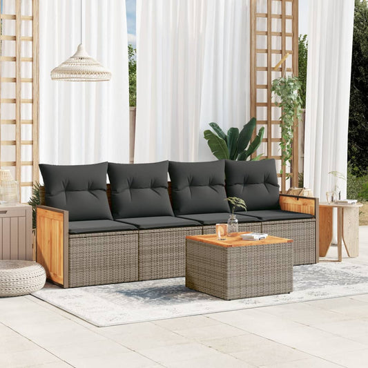 HKH 5 Pcs Conjunto Sofás de Jardim C/ Almofadões Vime Pe - Cinzento
