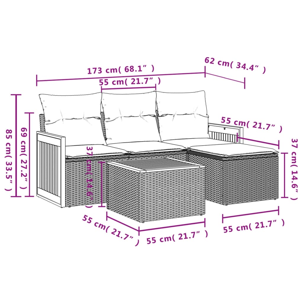 HKH 5 Pcs Conjunto Sofás de Jardim com Almofadões Vime Pe - Preto