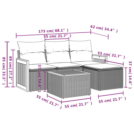 HKH 5 Pcs Conjunto Sofás de Jardim com Almofadões Vime Pe - Preto