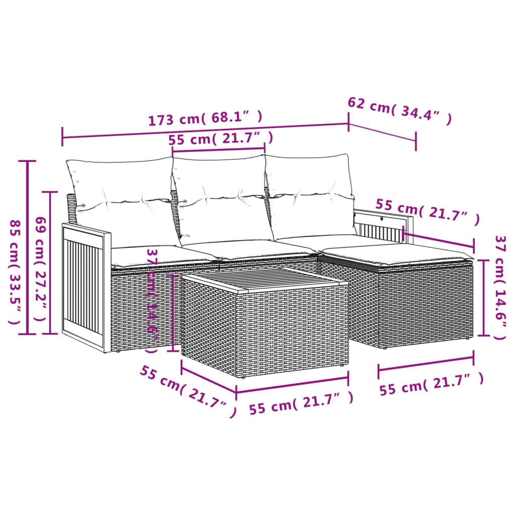 HKH 5 Pcs Conjunto Sofás de Jardim com Almofadões Vime Pe - Preto